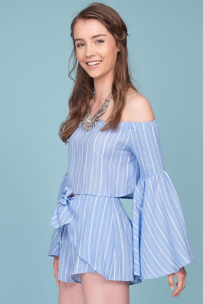 Blaine Bell Sleeve Off The Shoulder Pinstripe Top Blue