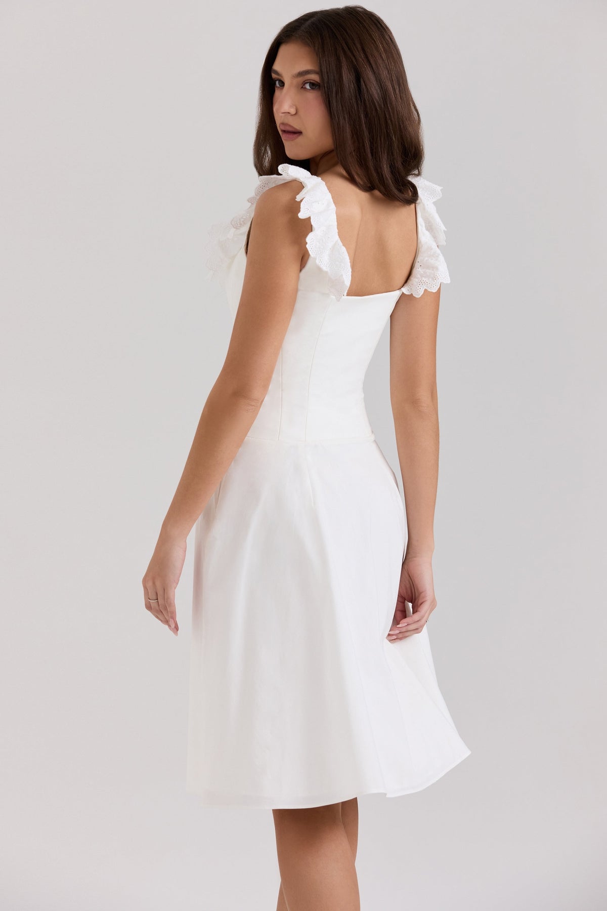 white cotton broderie anglaise trim midi dress