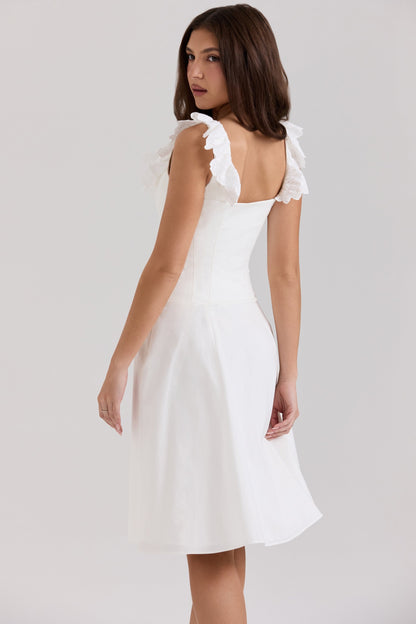 white cotton broderie anglaise trim midi dress