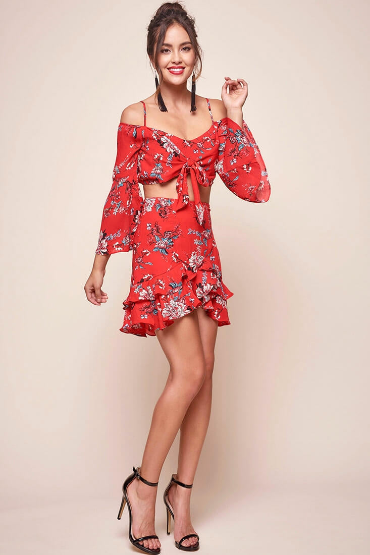Bellisario Floral Cropped Caribbean Top Red