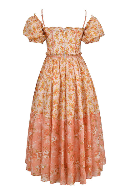 peach poppy print puff sleeve midi sundress