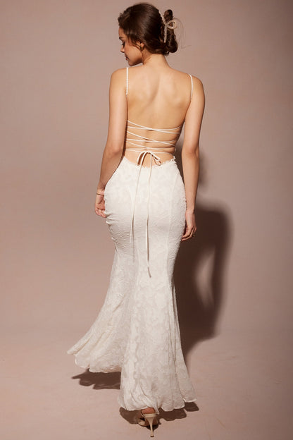 ivory lace up back maxi dress
