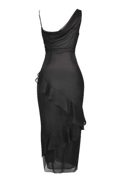 black ruffle maxi dress