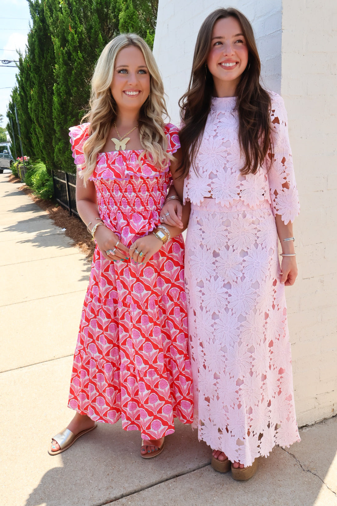Red and Pink Floral Print Smocked Skirt Set