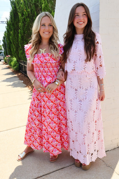 Red and Pink Floral Print Smocked Skirt Set