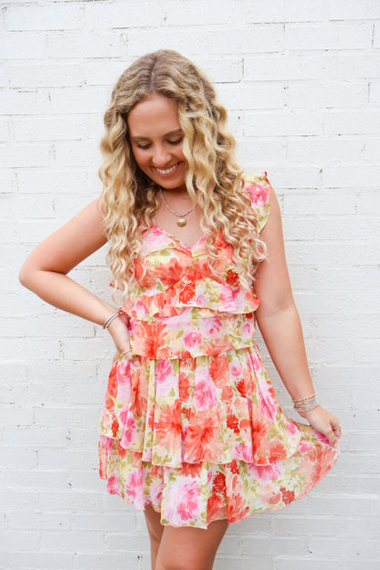 Coral Floral Chiffon Ruffle Skirt Set