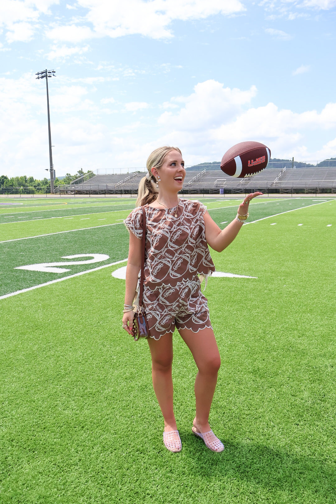 Brown Football Embroidered Top and Shorts Set