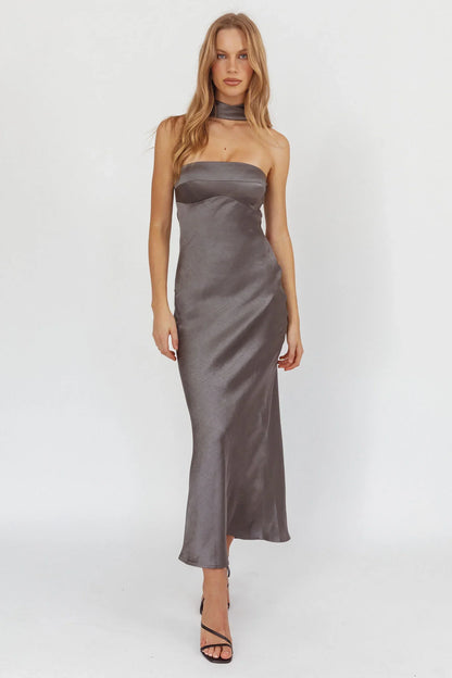 Damsel Reverse Halter Maxi Dress Satin Charcoal