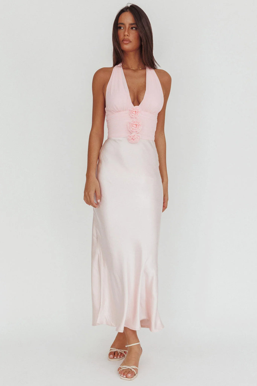 Heliora Halterneck Rosette Bust Maxi Dress Pink