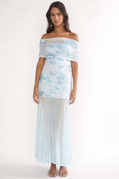 Clarita Sheer Ruched Maxi Dress Embellished Blue