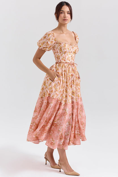 peach poppy print puff sleeve midi sundress