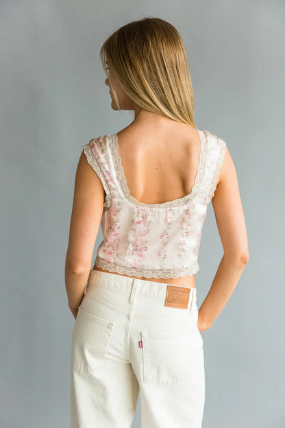 Kaeli Lace Trim Floral Satin Top