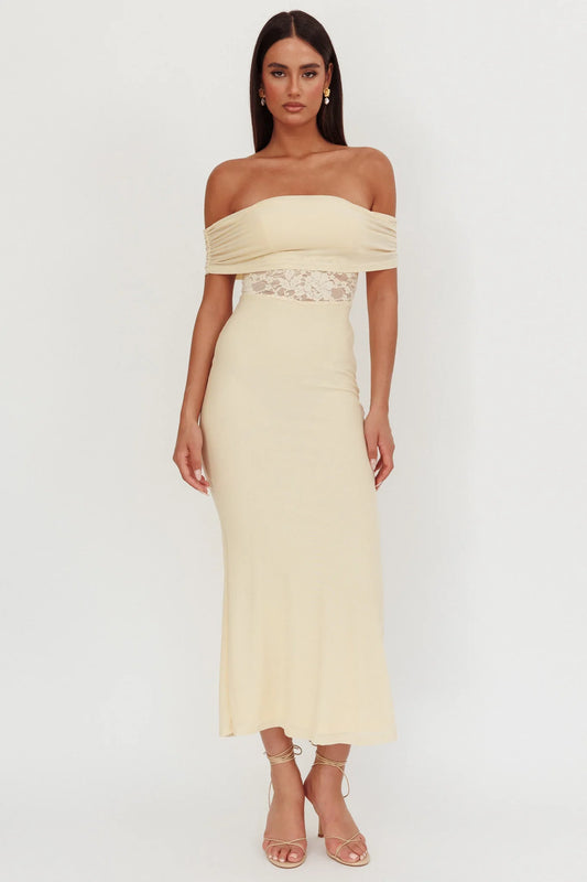 Flutters Off-Shoulder Lace Insert Maxi Dress Cream