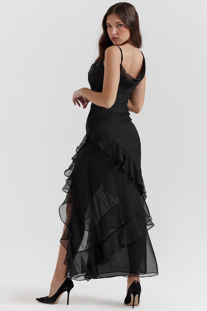 black ruffle maxi dress
