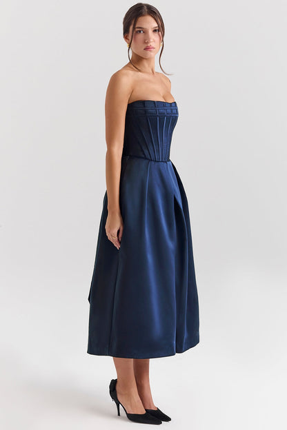 midnight blue strapless detachable bow midi dress