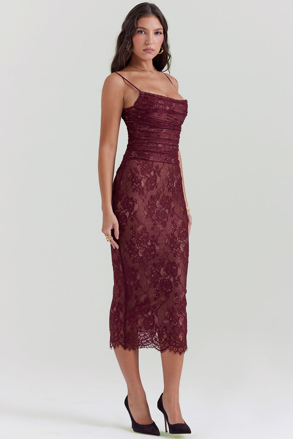 claret lace midi dress