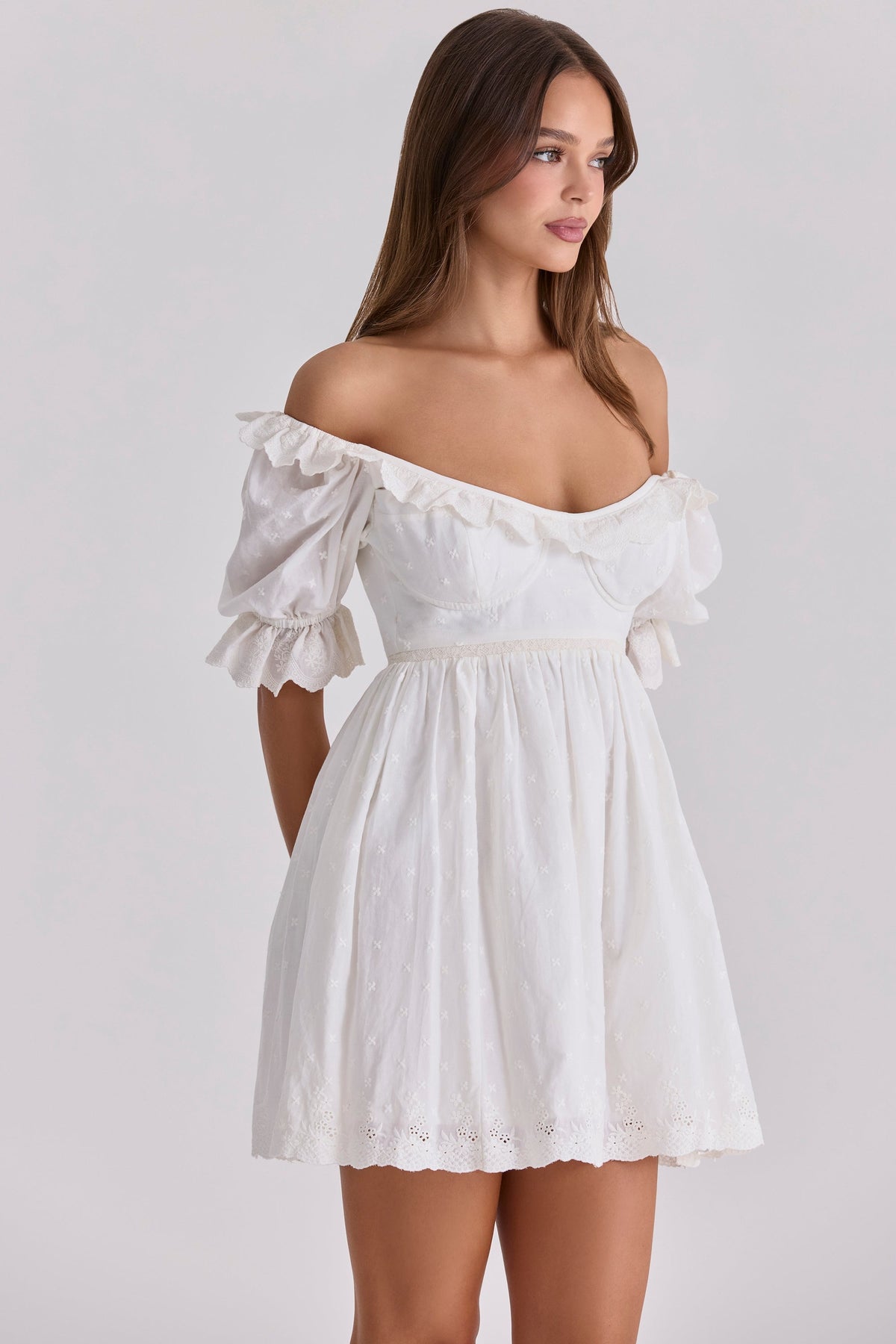 white broderie anglaise regency babydoll mini dress