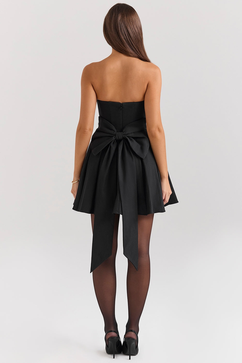 black strapless detachable bow mini dress
