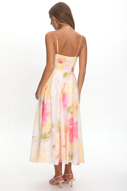 Get My Attention Pleat Waist Maxi Dress Floral Yellow
