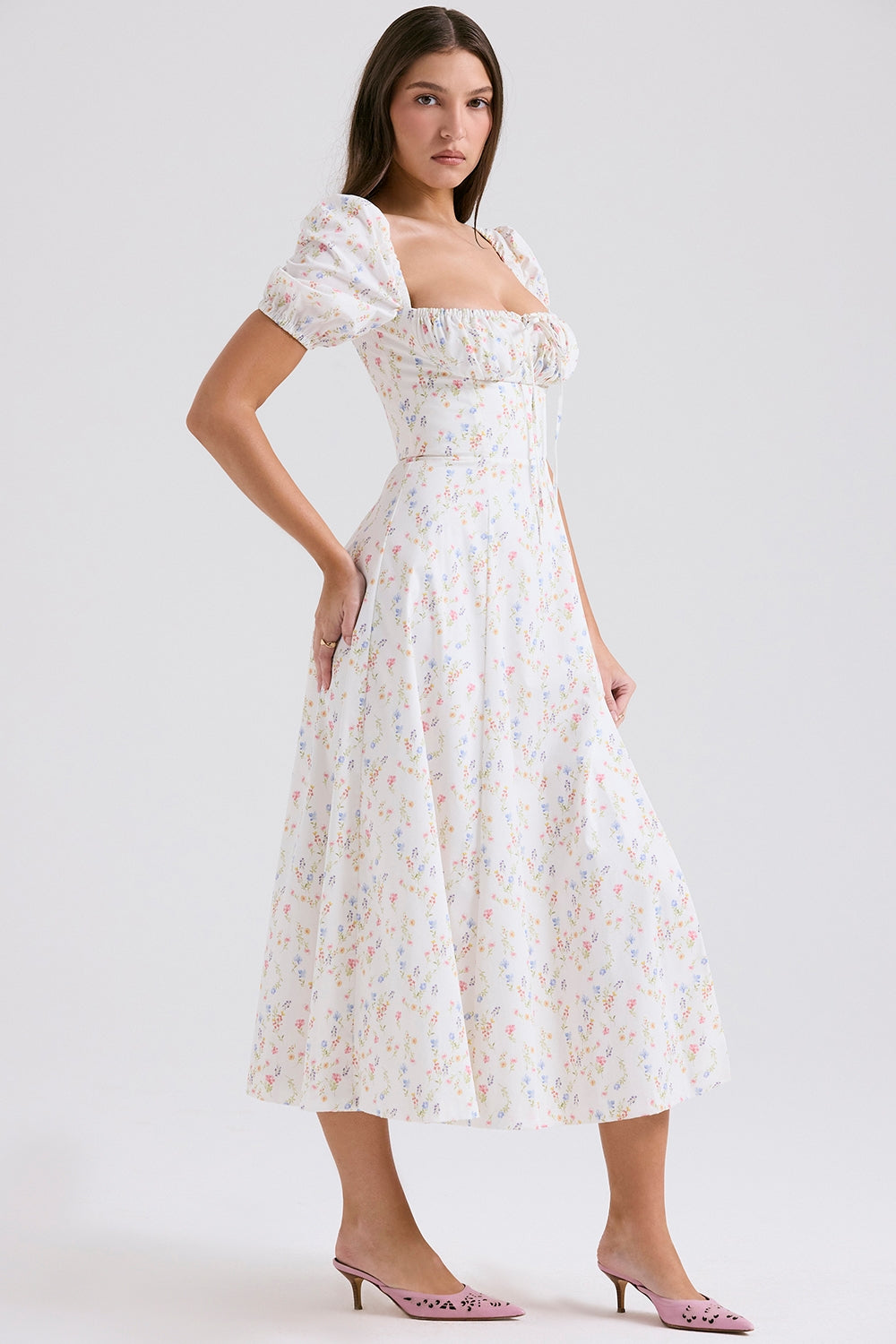white posy print cotton puff sleeve midi sundress