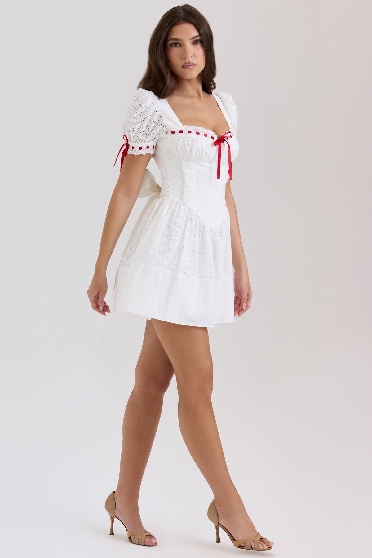 white broderie anglaise puff sleeve mini dress