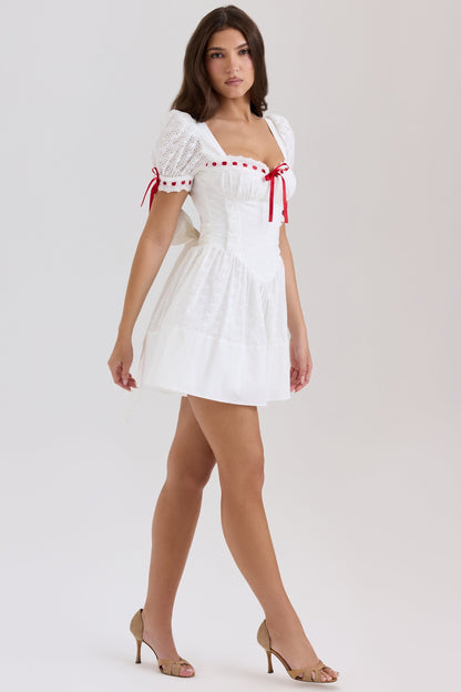 white broderie anglaise puff sleeve mini dress