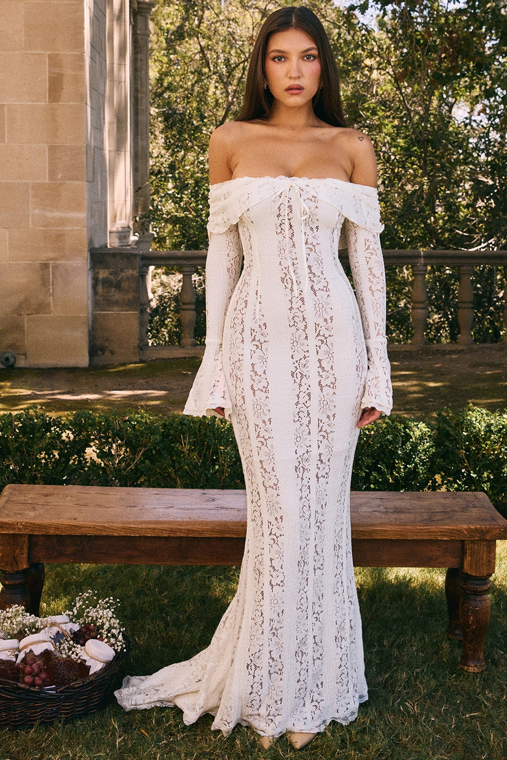 vintage cream floral lace off shoulder maxi dress