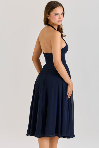 navy georgette halter midi dress