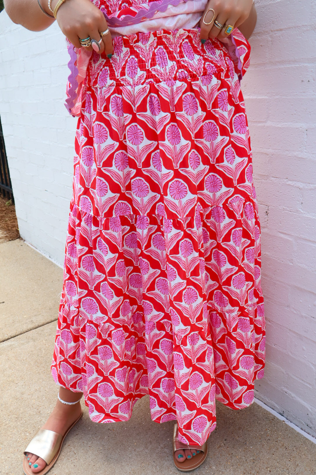 Red and Pink Floral Print Smocked Skirt Set