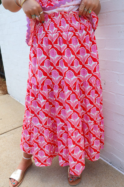 Red and Pink Floral Print Smocked Skirt Set