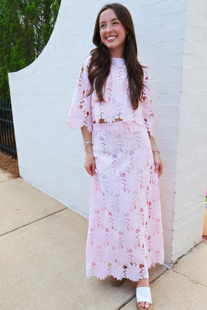 Blush Pink Floral Crochet Lace Crop Top and Maxi Skirt Set