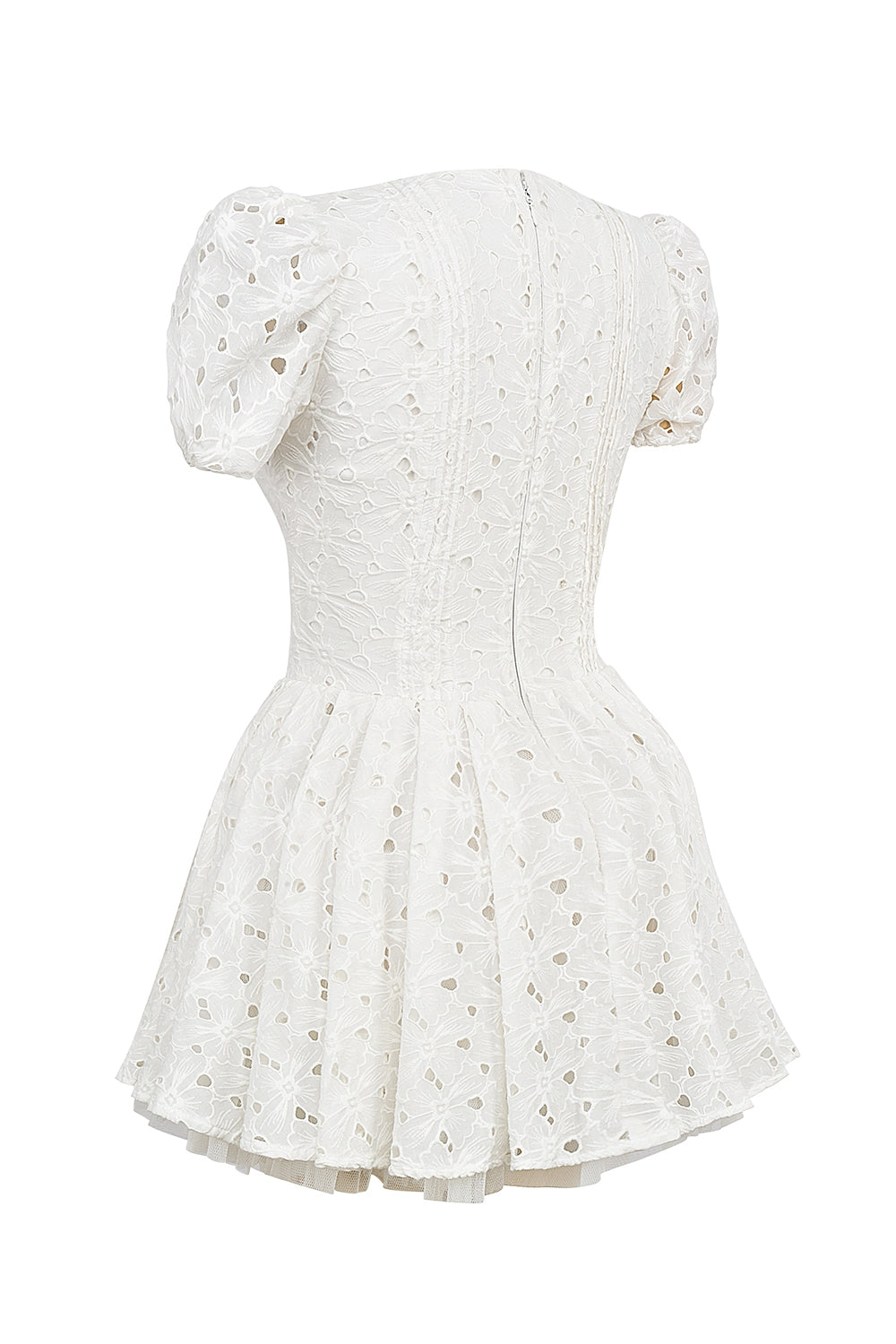 white pleated broderie anglais mini dress
