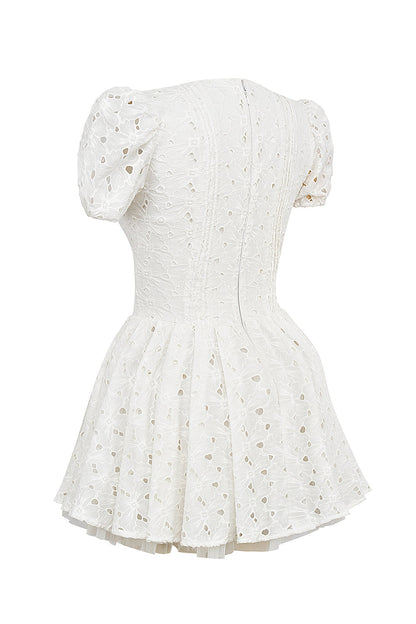 white pleated broderie anglais mini dress