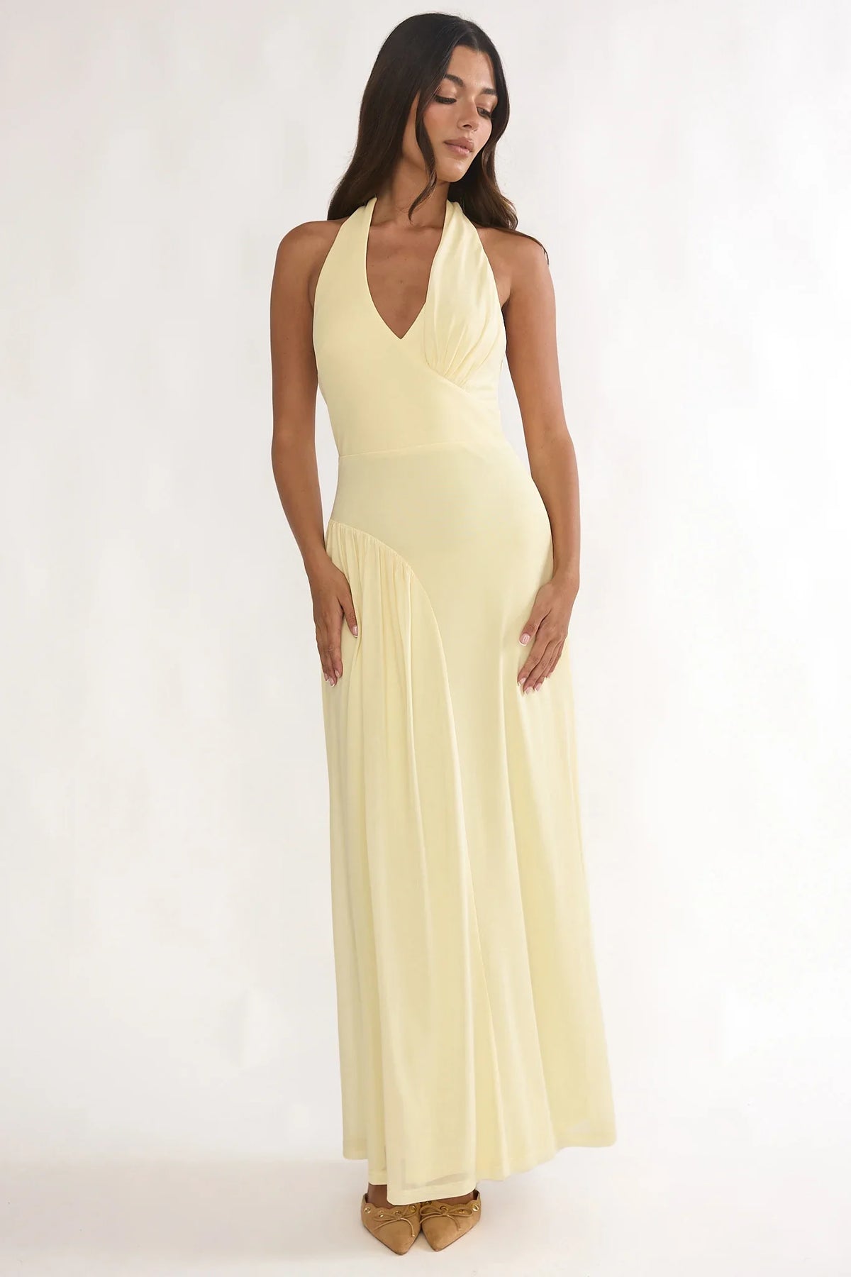 Ziera Ruched Insert Halter Maxi Dress Butter