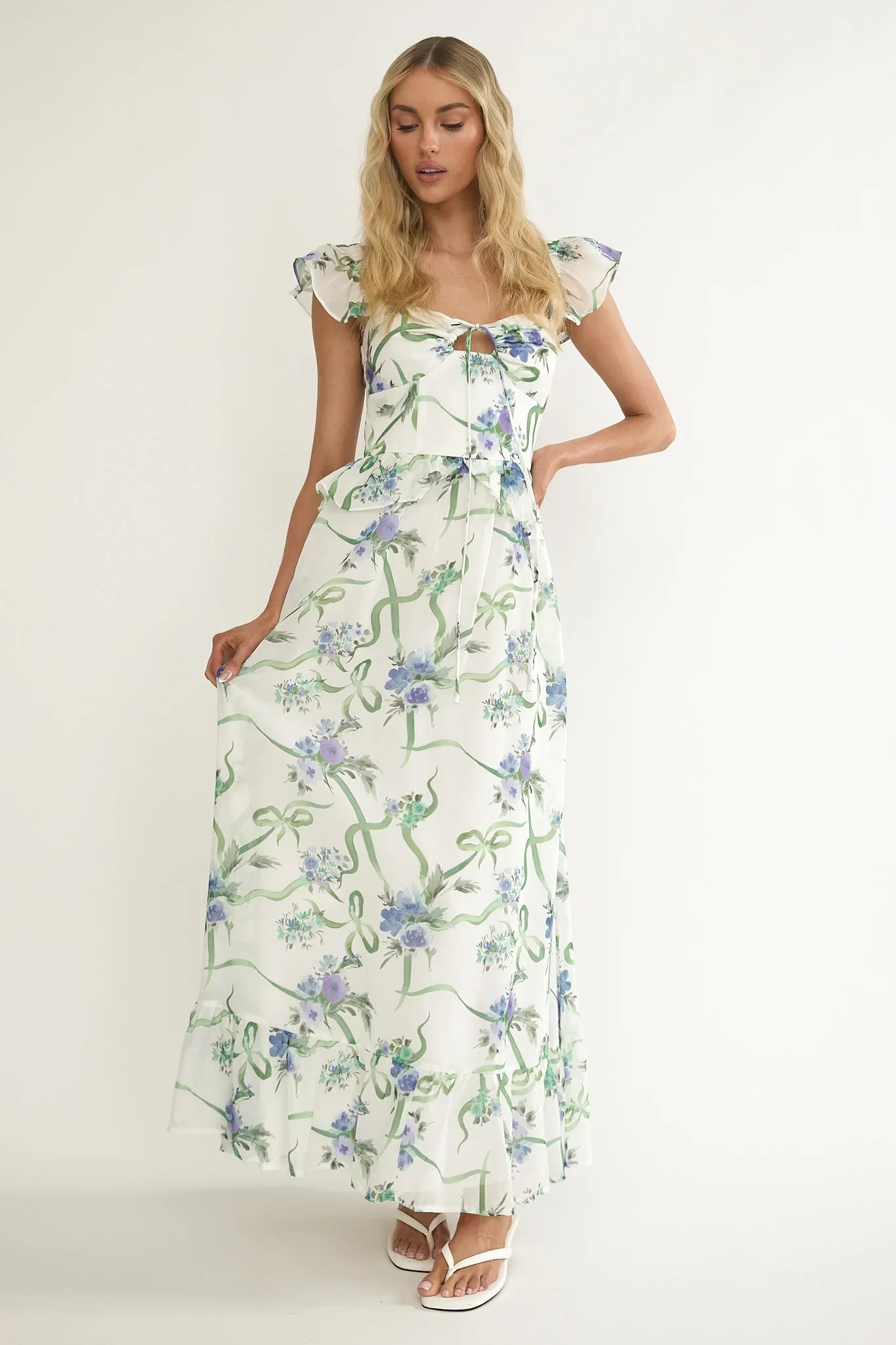 Hanalei Off-Shoulder Tied Bust Maxi Dress Floral White