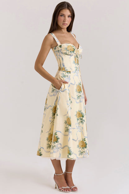 lemon vintage ribbon print cotton midi dress