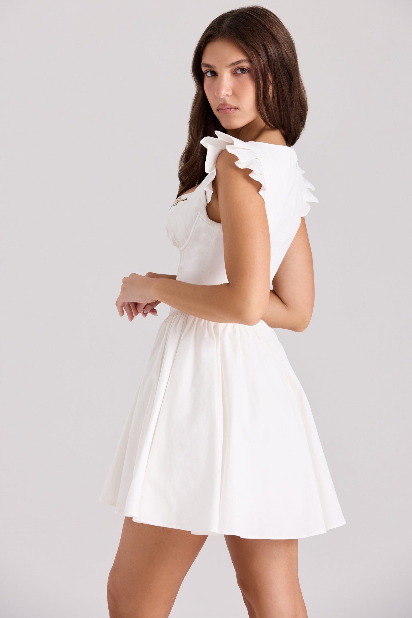 white cotton embroidered mini dress