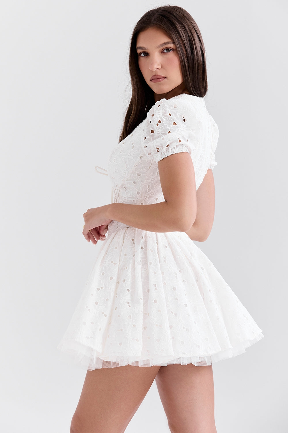 white pleated broderie anglais mini dress