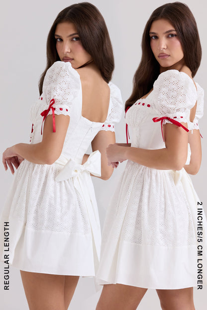 white broderie anglaise puff sleeve mini dress