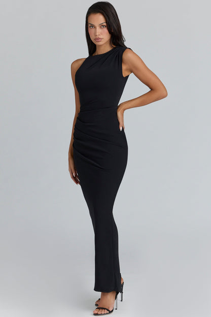 black asymmetric draped maxi dress