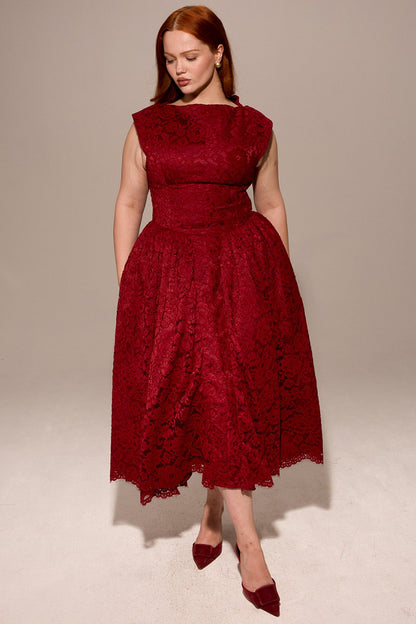 berry lace backless midi dress - sale