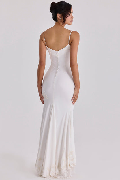 vintage ivory satin hand beaded embellished maxi dress