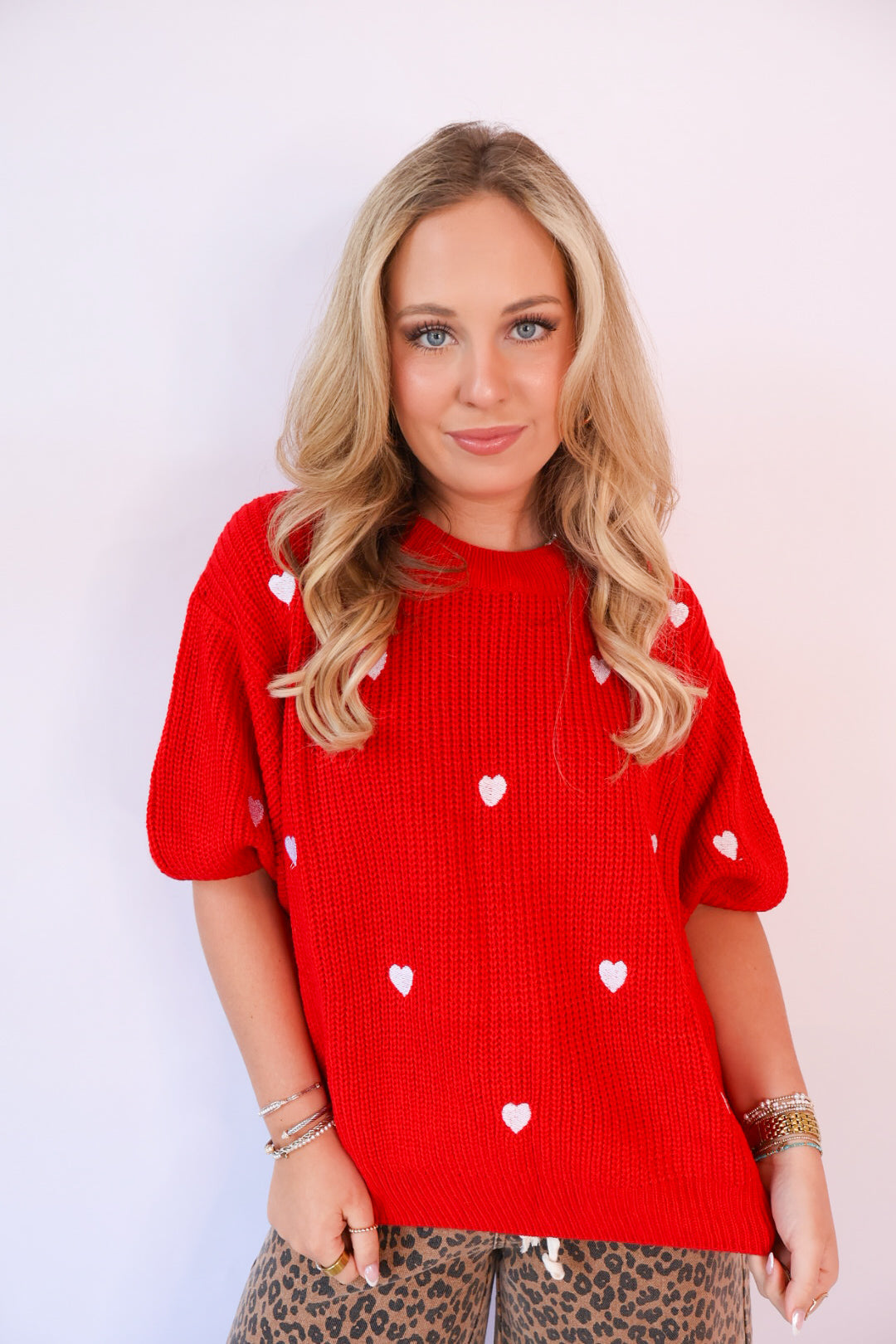 Embroidered Heart Knit Sweater Top - Red