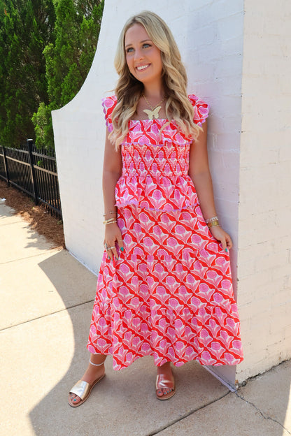 Red and Pink Floral Print Smocked Skirt Set