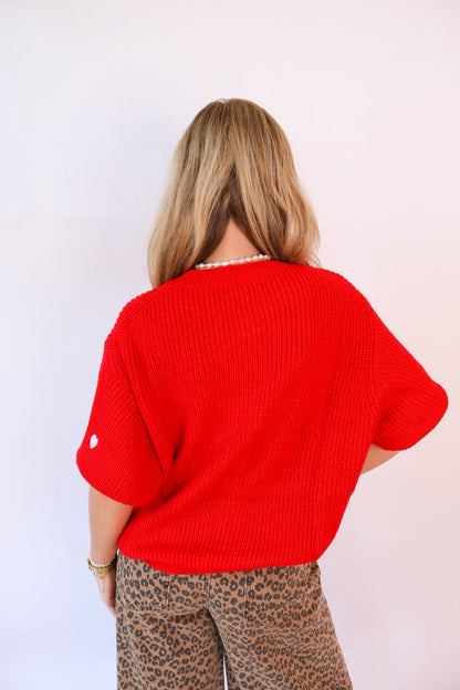 Embroidered Heart Knit Sweater Top - Red