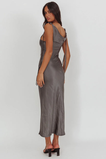 Glory Day Tied Shoulder Cowl Maxi Dress Charcoal