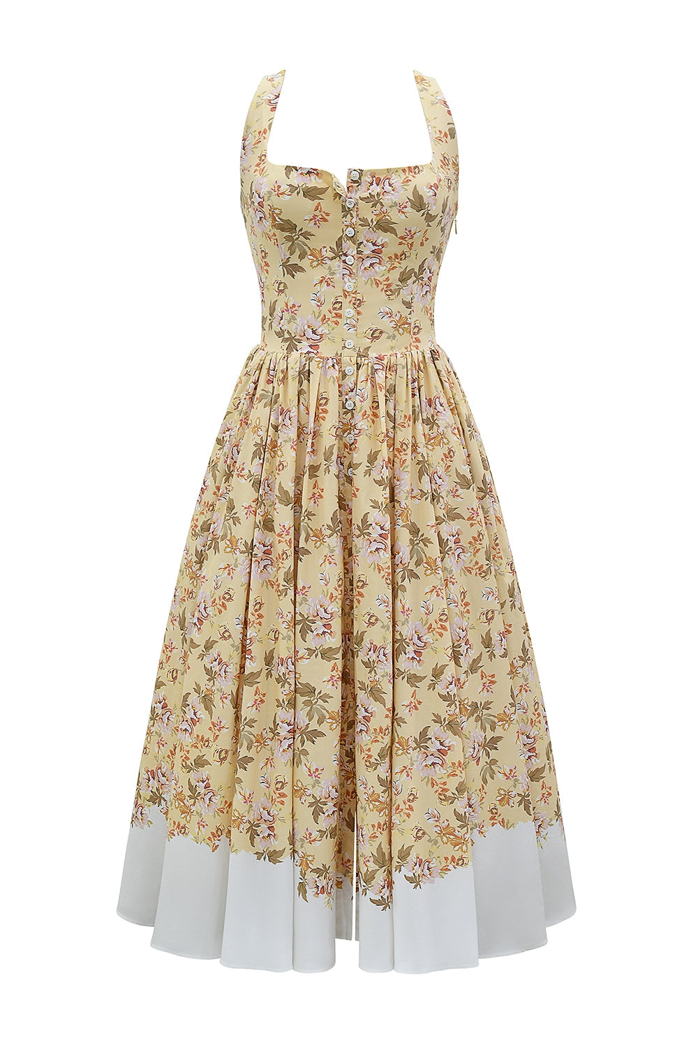 honeyflower print gathered cotton midi dress
