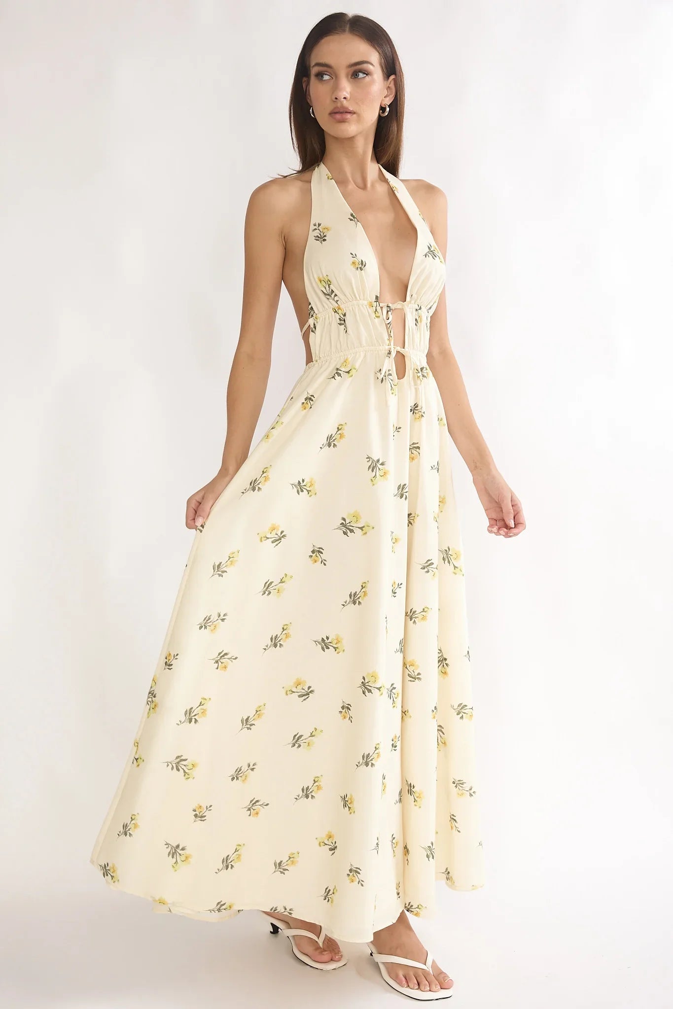 Under The Moons Tied Front Maxi Dress Floral Yellow