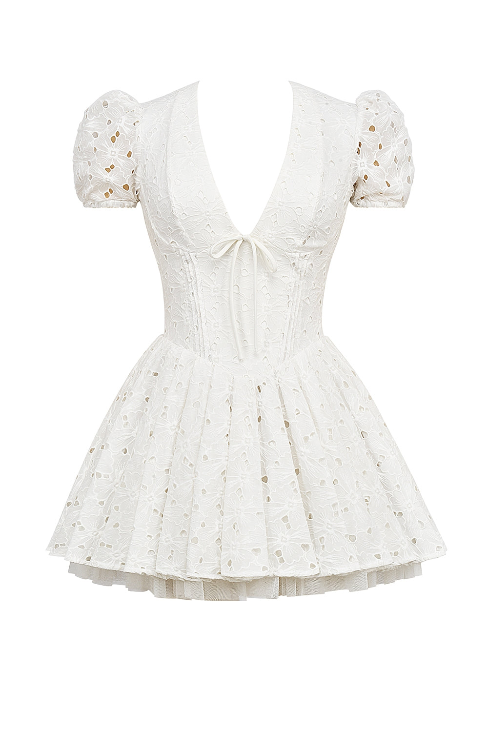 white pleated broderie anglais mini dress