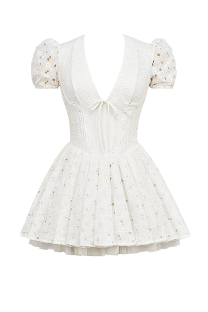 white pleated broderie anglais mini dress